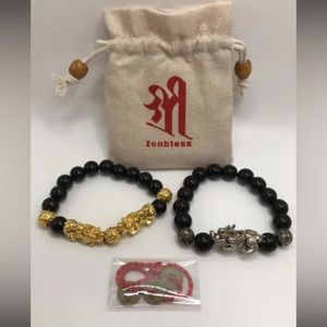 Nwot Zenbless Black Obsidian Feng Shui Good Luck Bracelet Set